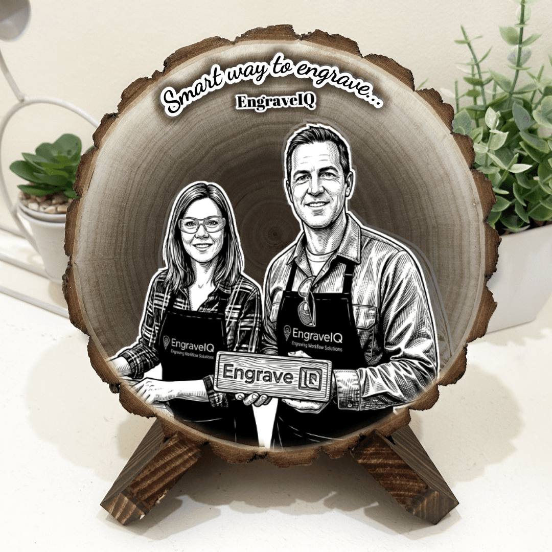 Engraving design preview composed onto the wood slice