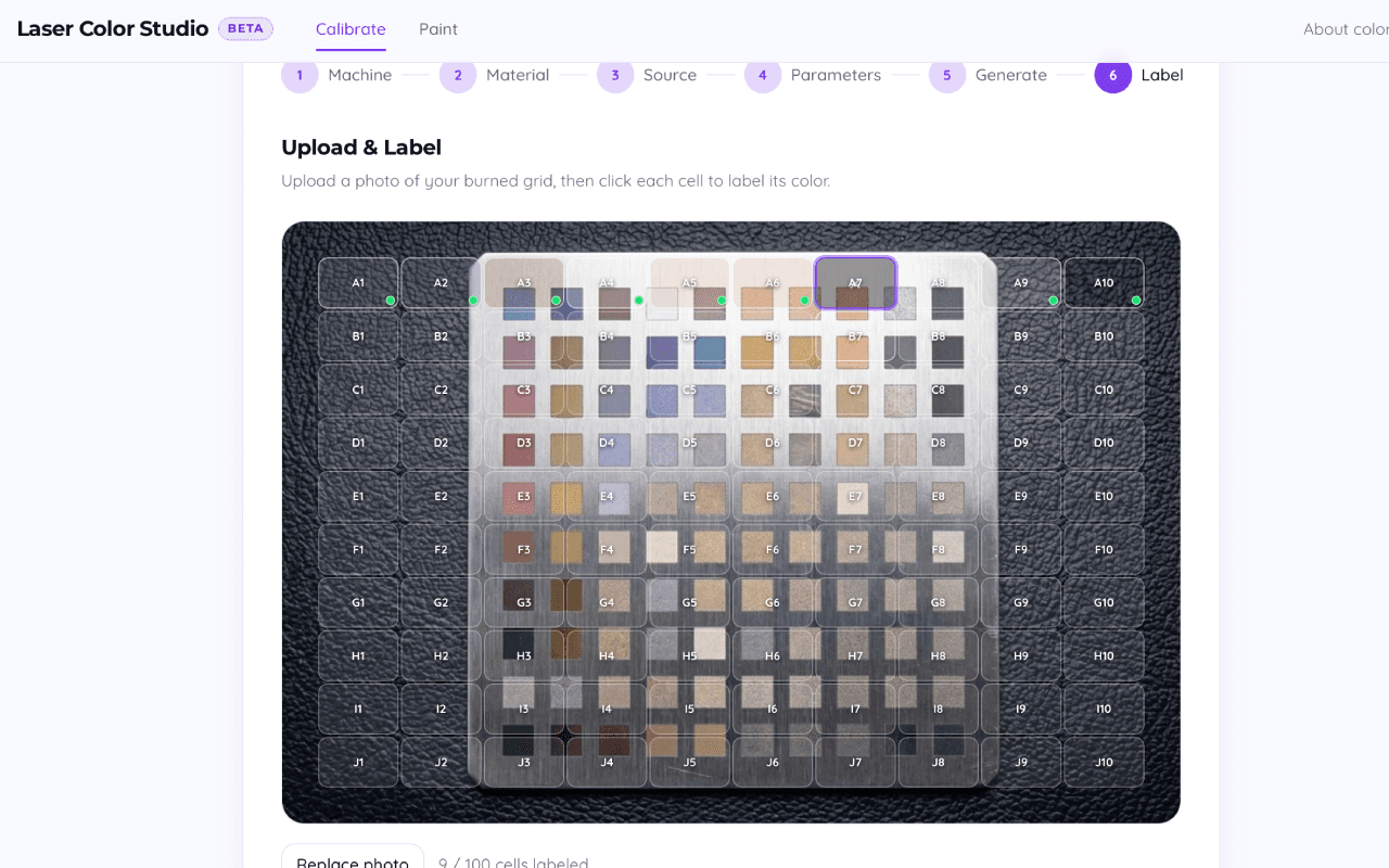 Calibration grid generator with a labeled color palette