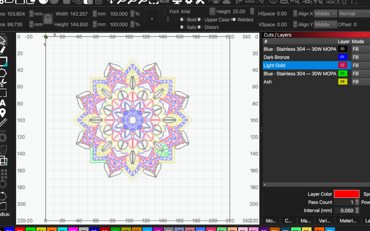 Exported file opened in LightBurn with layers configured
