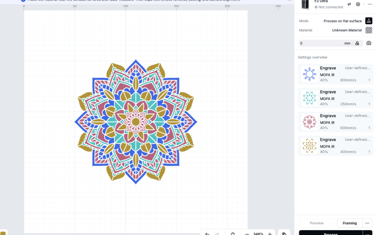 Exported file opened in xTool Creative Space with layers configured